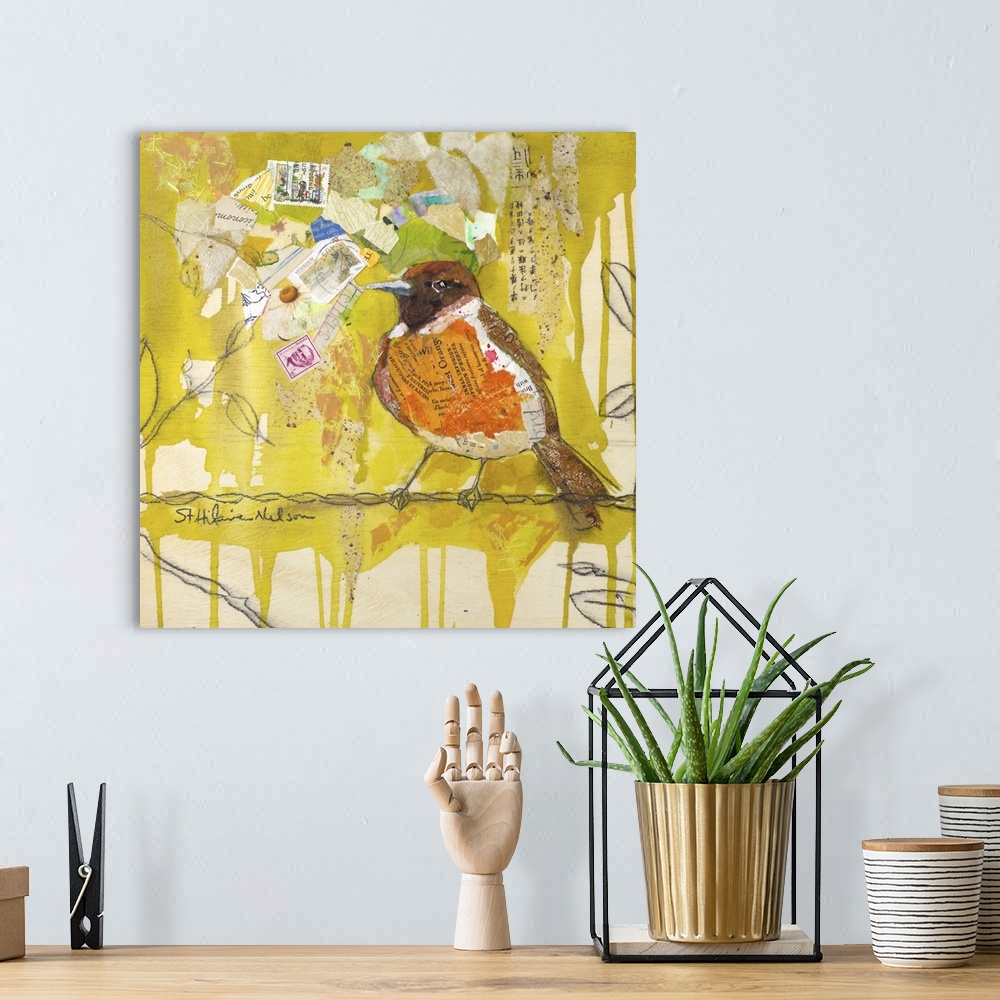 A bohemian room featuring Creative collage of a bird perched on a branch with pieces with text and postage stamps.