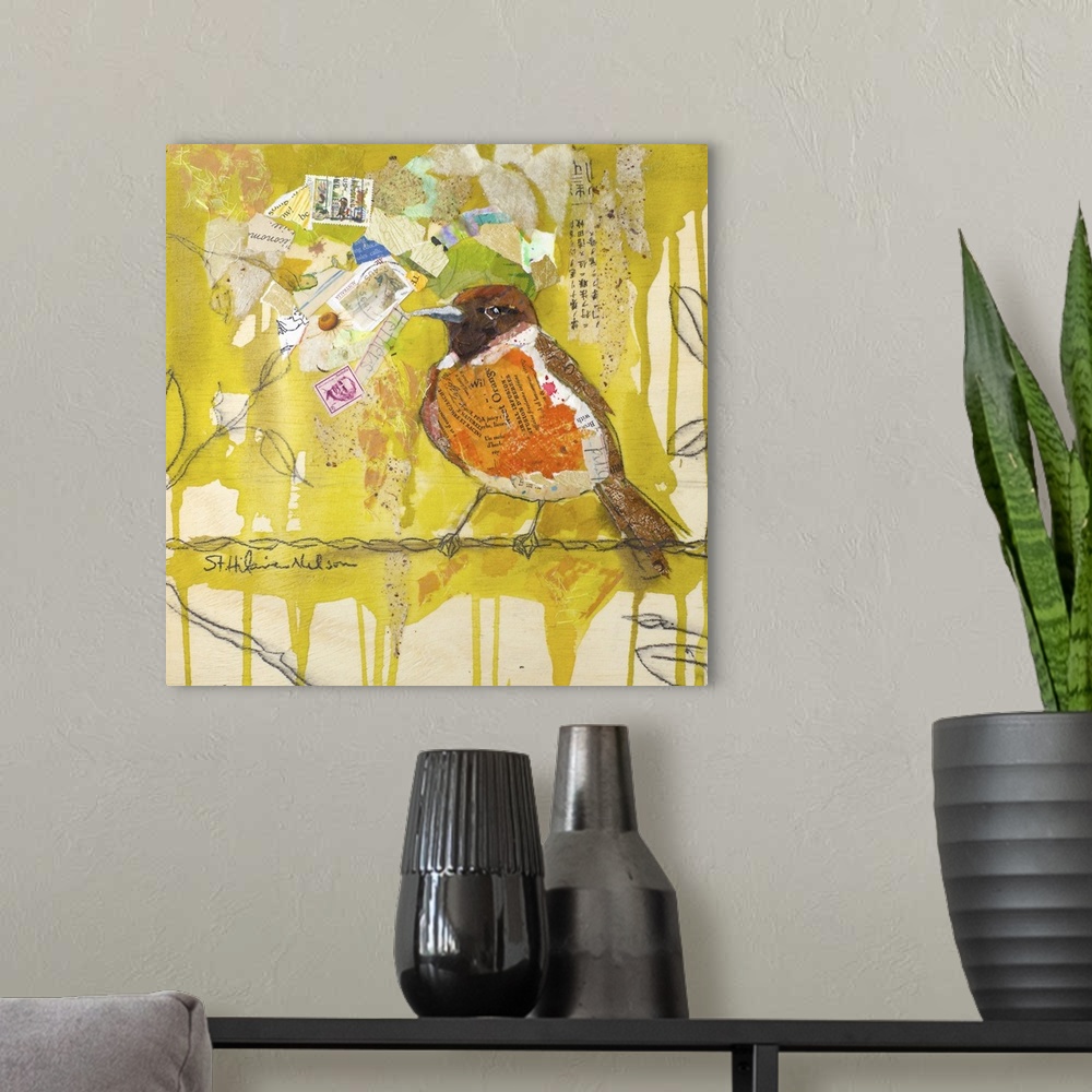 A modern room featuring Creative collage of a bird perched on a branch with pieces with text and postage stamps.