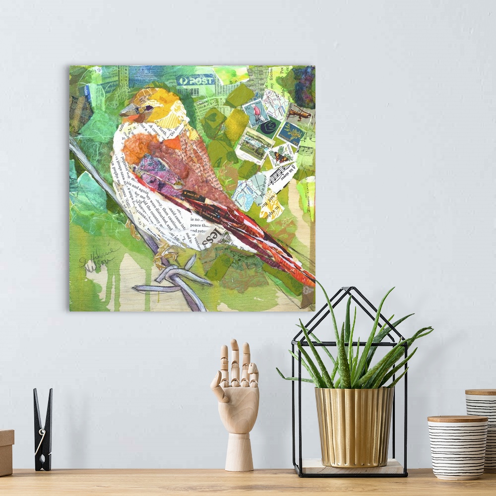 A bohemian room featuring Creative collage of a bird perched on a branch with pieces with text and postage stamps.