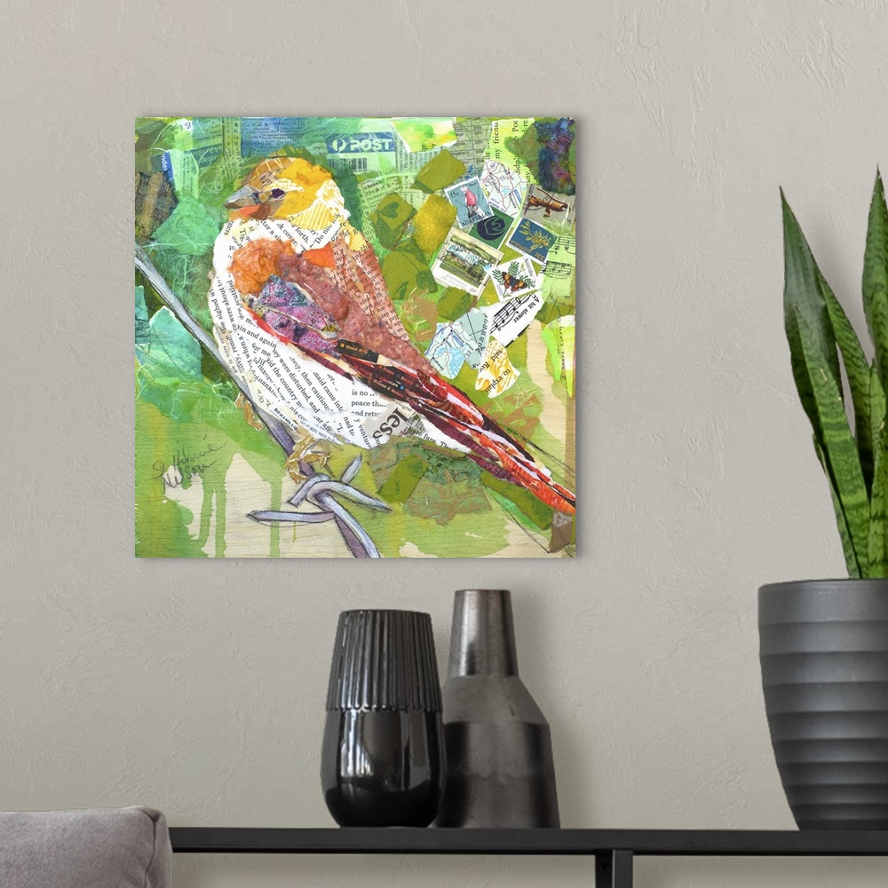 A modern room featuring Creative collage of a bird perched on a branch with pieces with text and postage stamps.