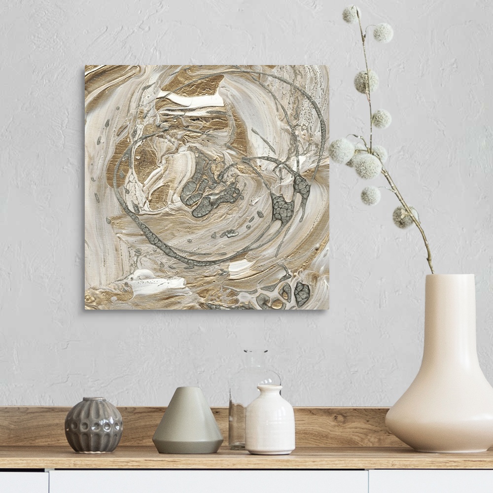 A farmhouse room featuring Abstract painting of swirls of white, gray and gold with drips of overlapping silver.