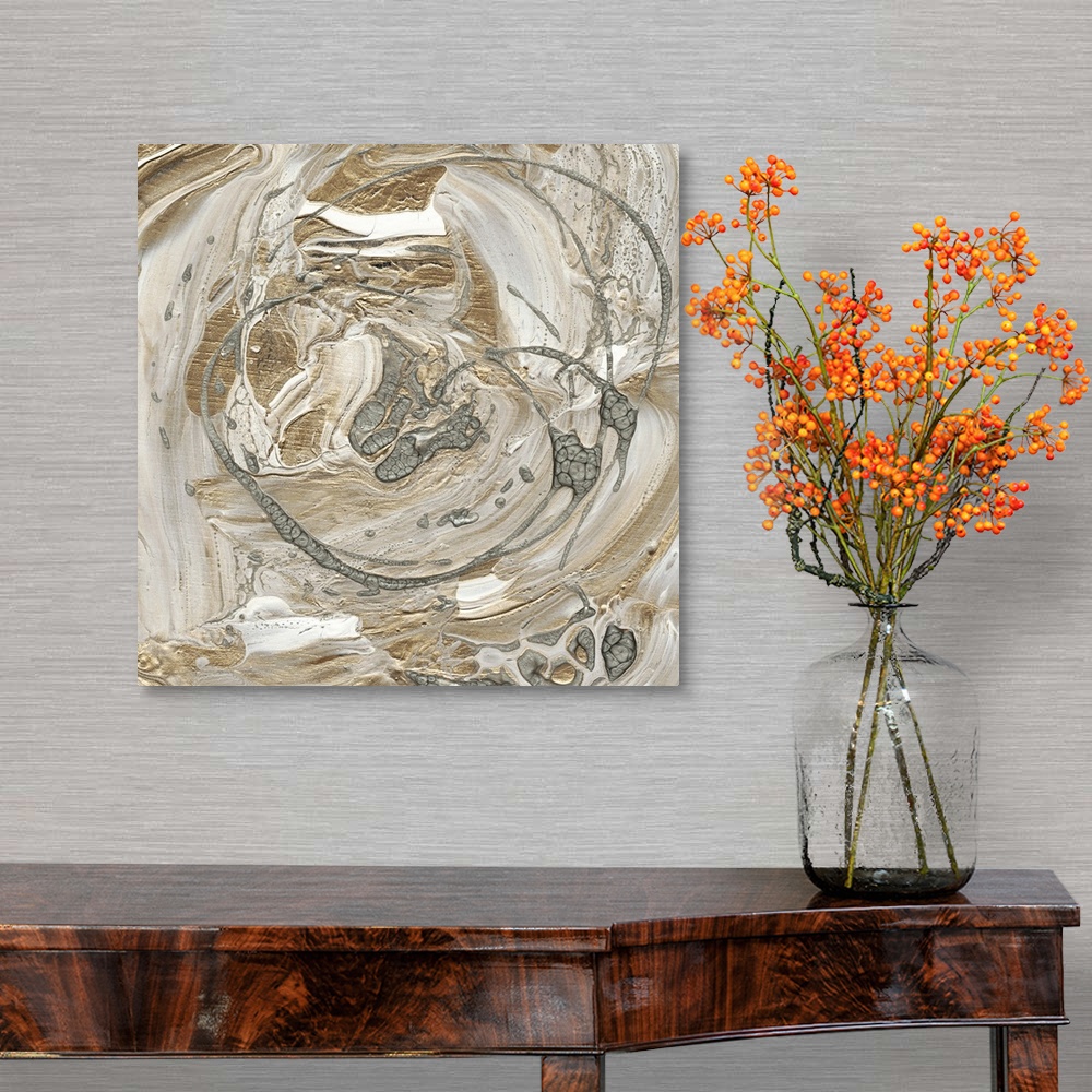 A traditional room featuring Abstract painting of swirls of white, gray and gold with drips of overlapping silver.