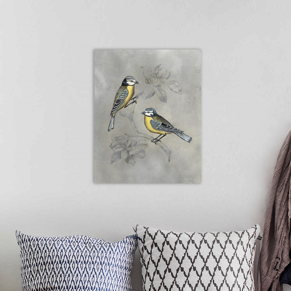 A bohemian room featuring Contemporary painting of two birds on perched on an illustrated branch with a silver background.