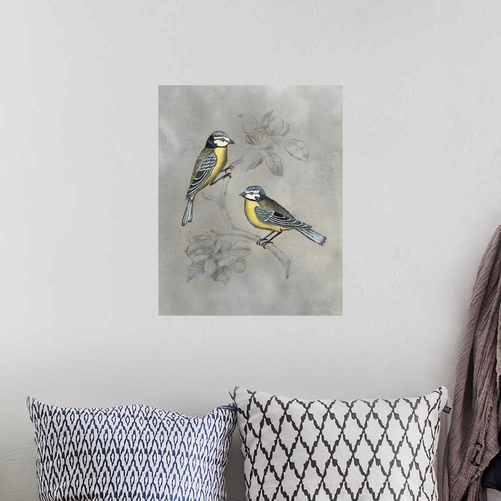 A bohemian room featuring Contemporary painting of two birds on perched on an illustrated branch with a silver background.