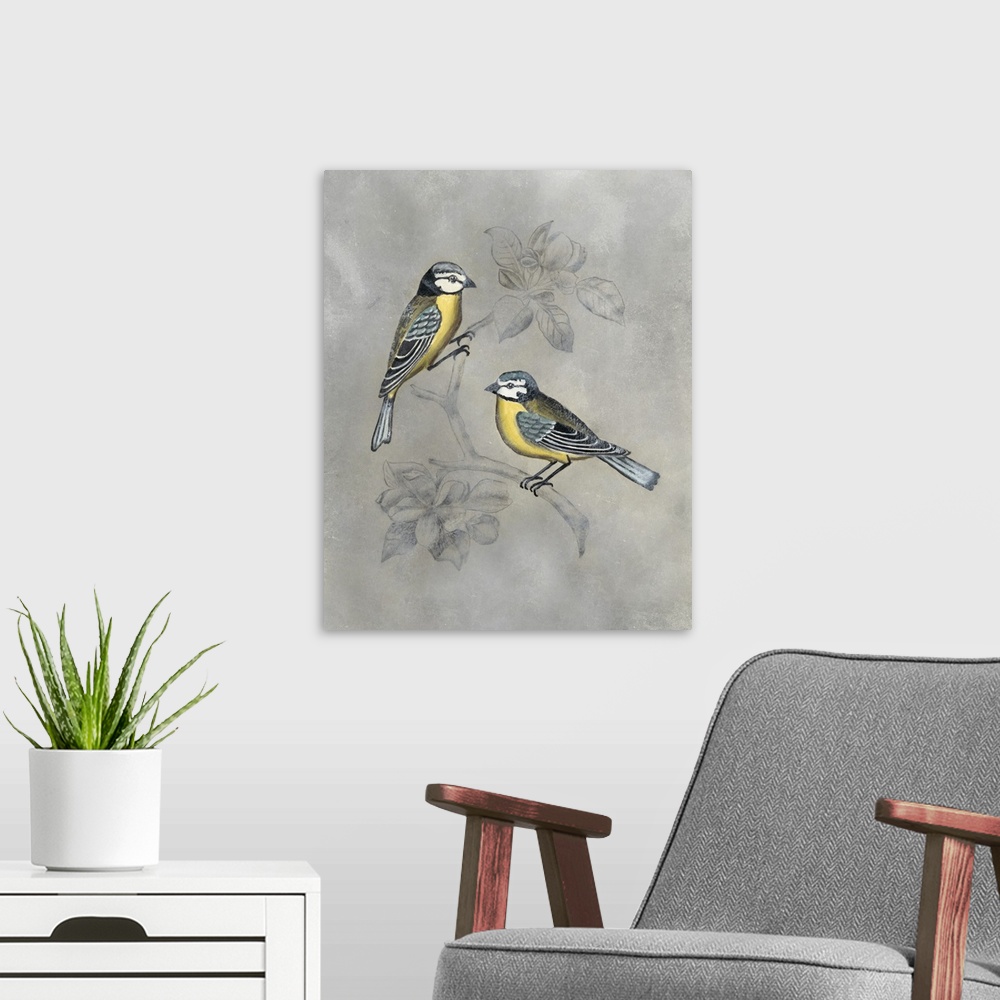 A modern room featuring Contemporary painting of two birds on perched on an illustrated branch with a silver background.