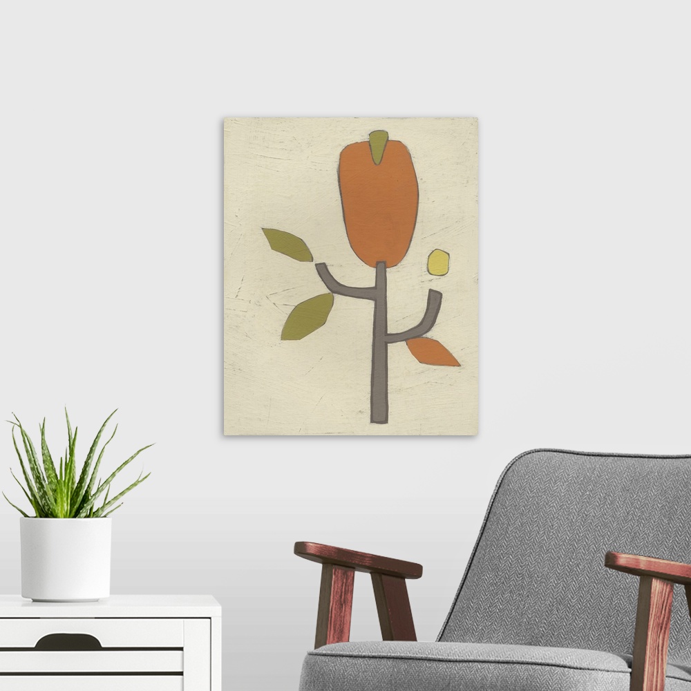 A modern room featuring Contemporary geometric style flower art using muted colors.