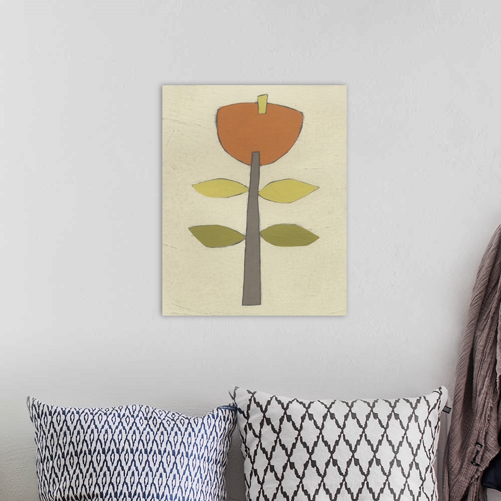 A bohemian room featuring Contemporary geometric style flower art using muted colors.