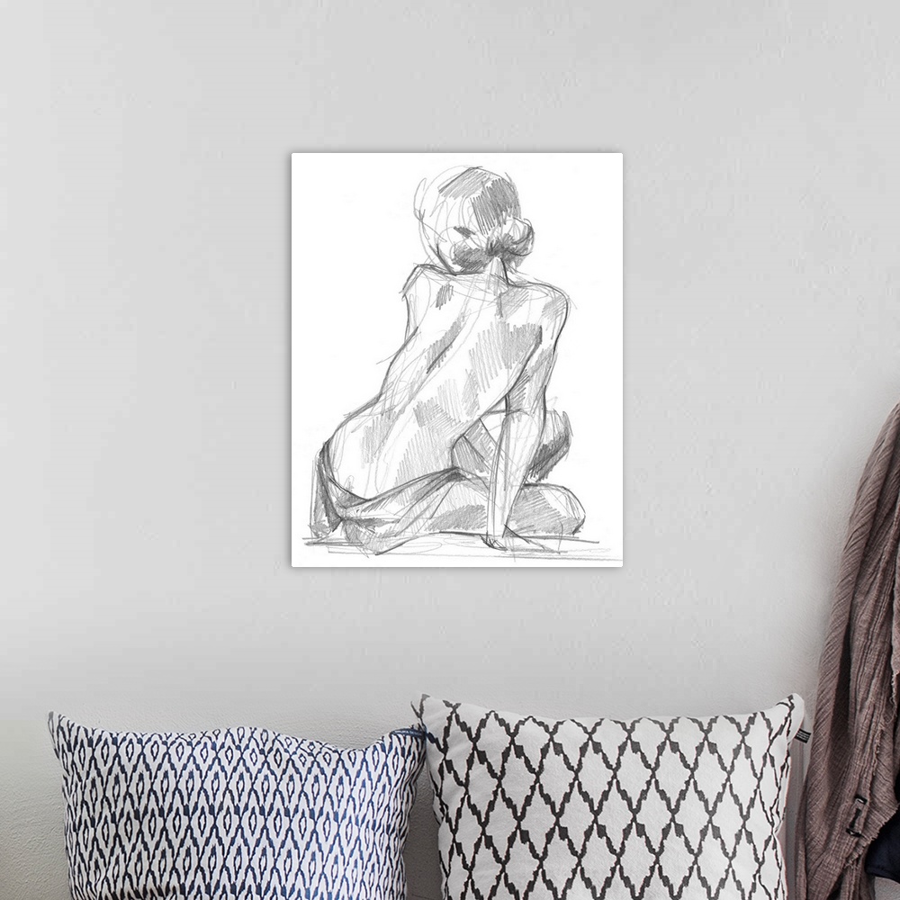 A bohemian room featuring Drawing of the back of a nude woman looking over her shoulder on a white background.
