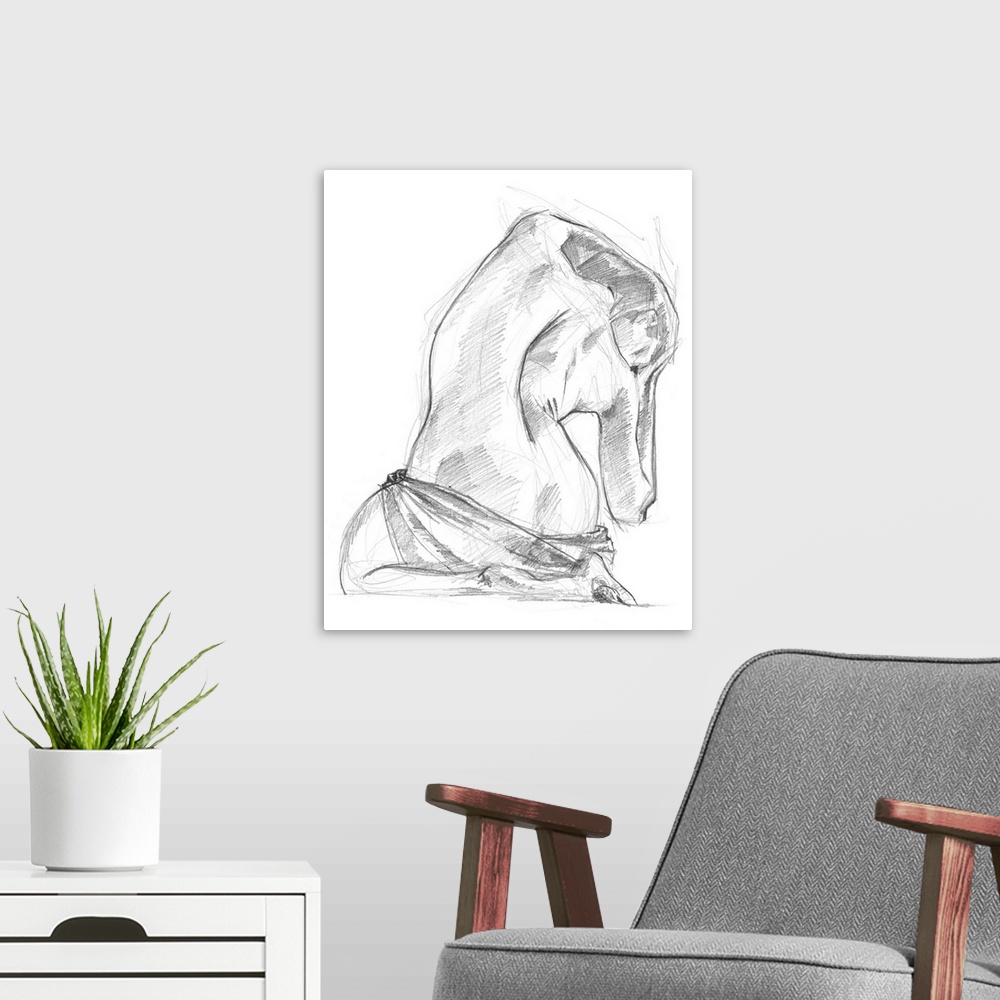 A modern room featuring Drawing of the back of a nude woman looking over her shoulder on a white background.