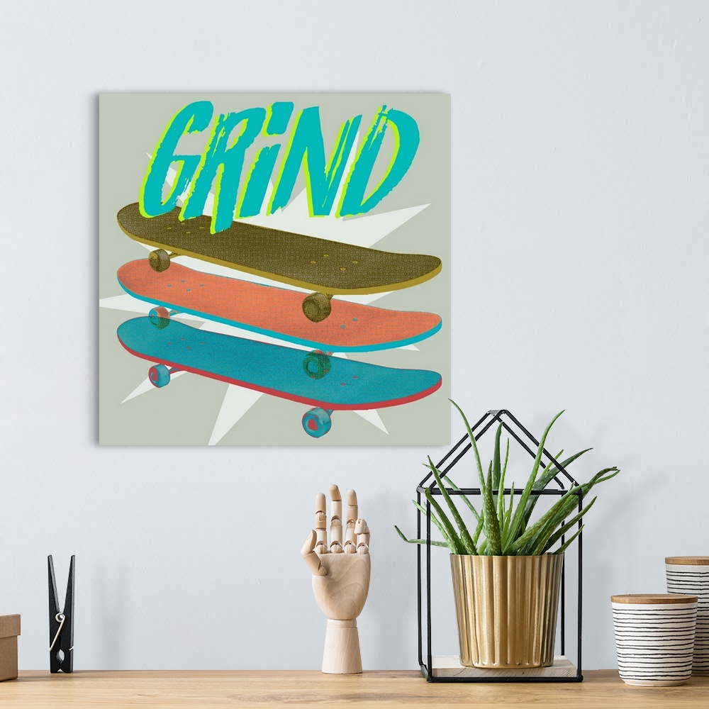 A bohemian room featuring A youthful design of layered group of skateboards below "Grind" on a starburst gray background.