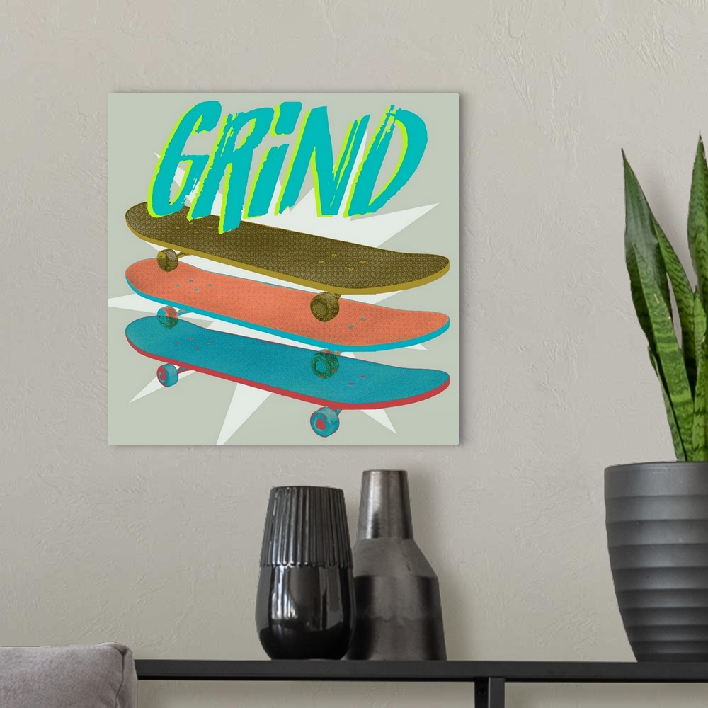 A modern room featuring A youthful design of layered group of skateboards below "Grind" on a starburst gray background.