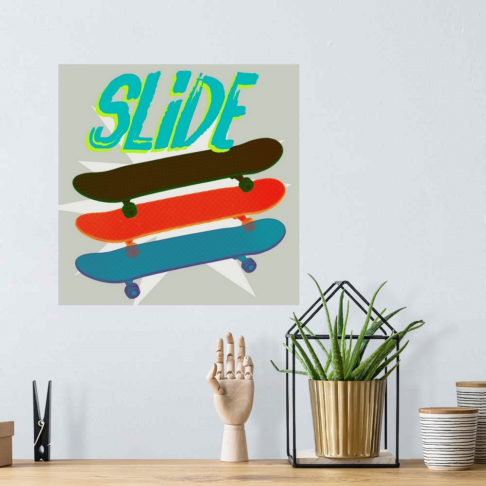 A bohemian room featuring A youthful design of layered group of skateboards below "Slide" on a starburst gray background.