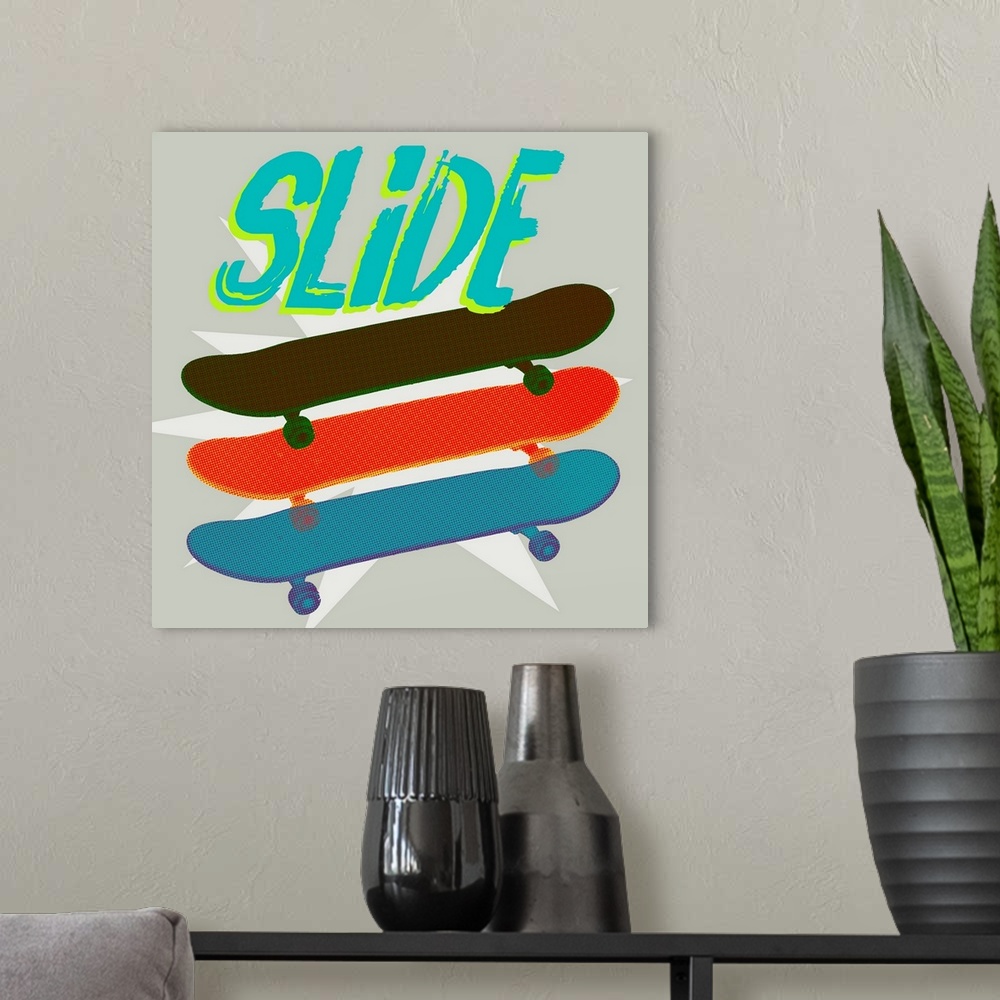 A modern room featuring A youthful design of layered group of skateboards below "Slide" on a starburst gray background.