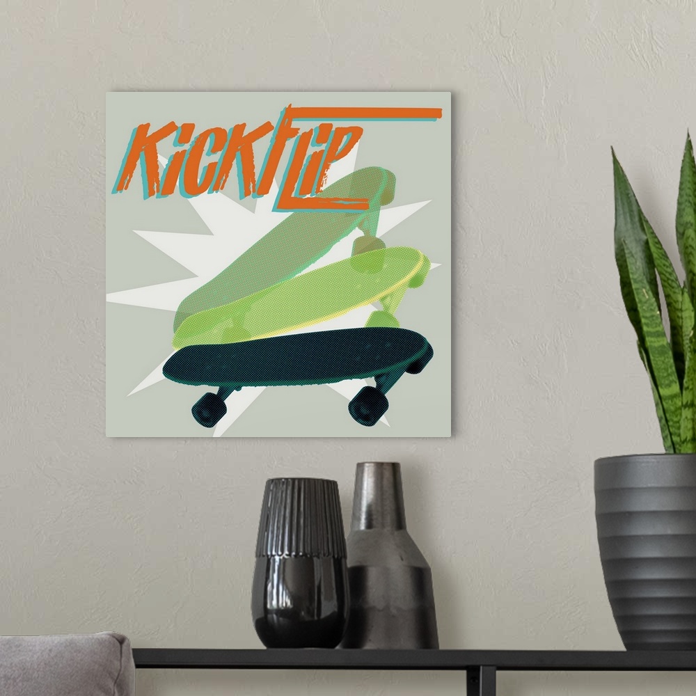 A modern room featuring A youthful design of layered group of skateboards below "Kick Flip" on a starburst gray background.