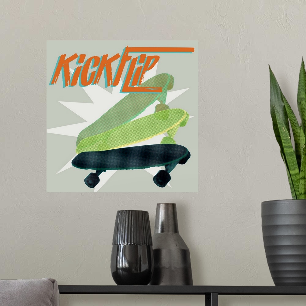 A modern room featuring A youthful design of layered group of skateboards below "Kick Flip" on a starburst gray background.