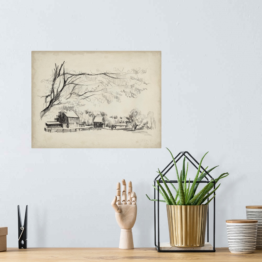 A bohemian room featuring Sketched Barn View I