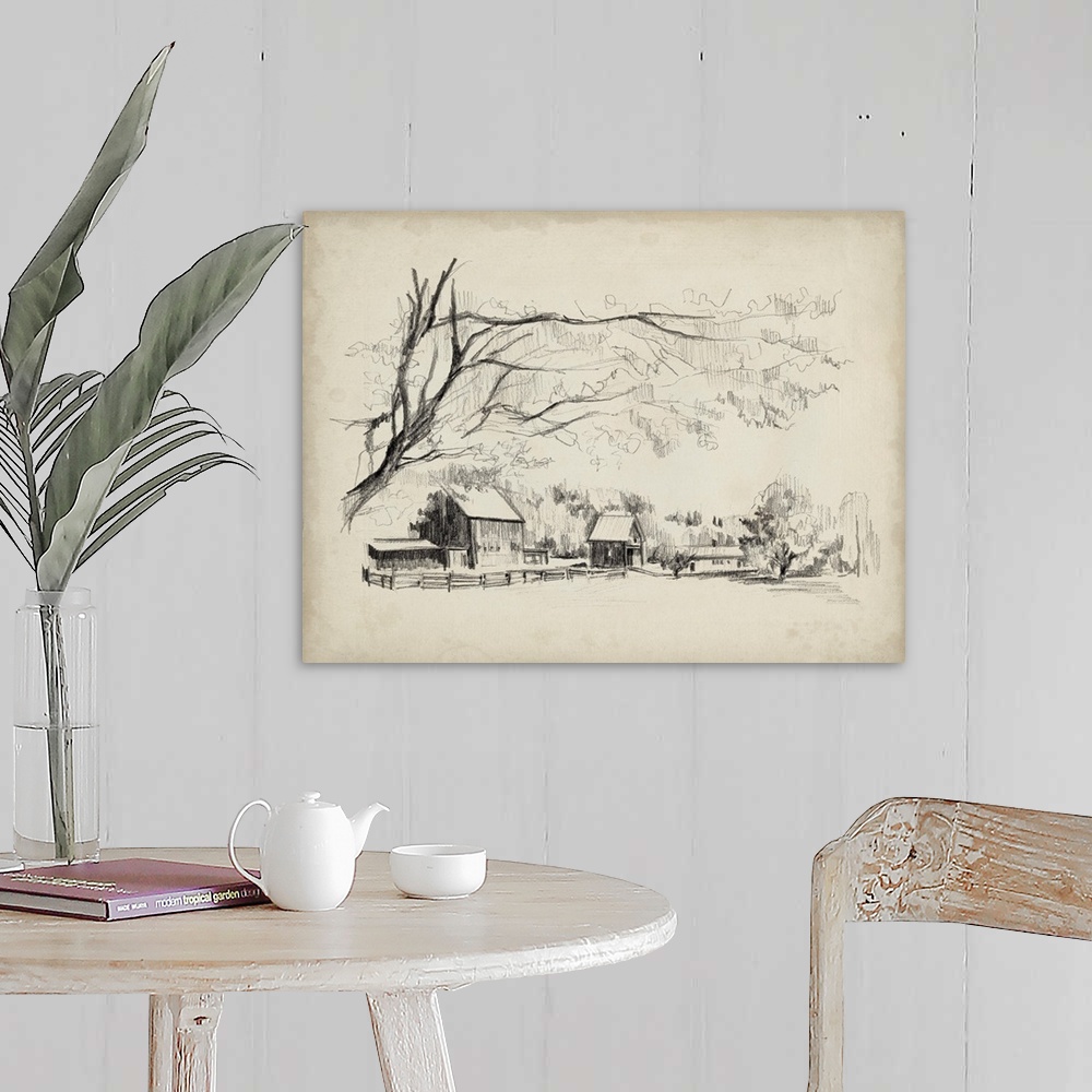 A farmhouse room featuring Sketched Barn View I