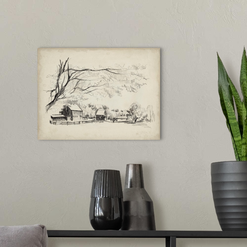 A modern room featuring Sketched Barn View I