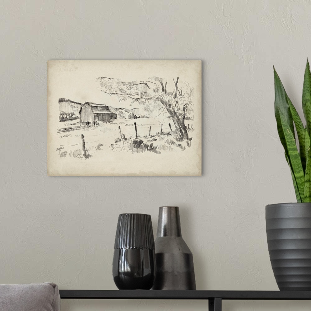A modern room featuring Sketched Barn View II