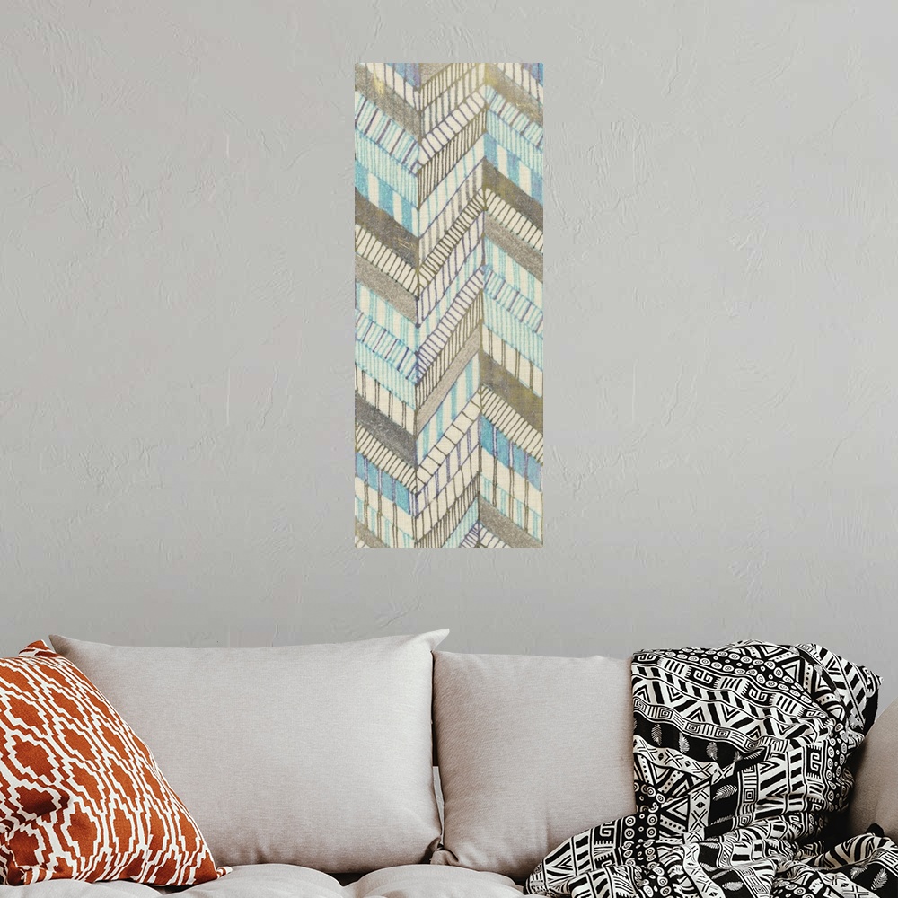 A bohemian room featuring Muted chevron pattern artwork.