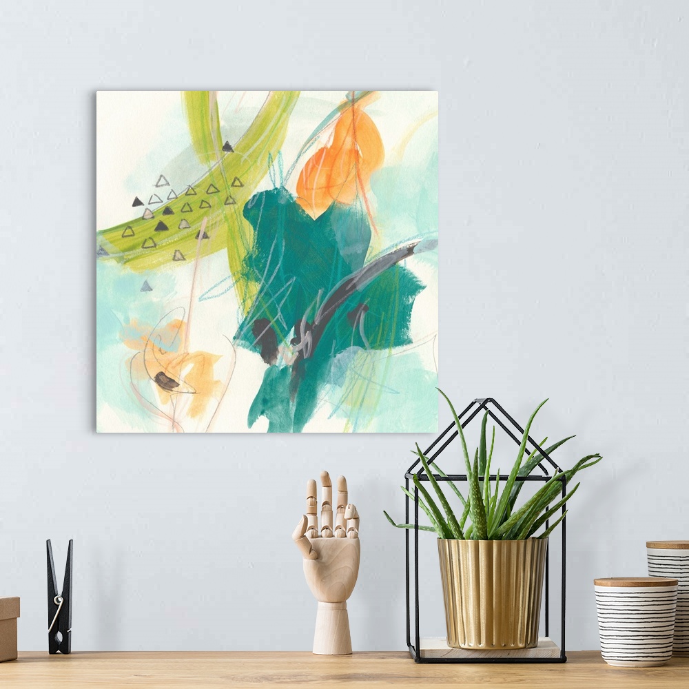 A bohemian room featuring Contemporary abstract painting using soft colors.