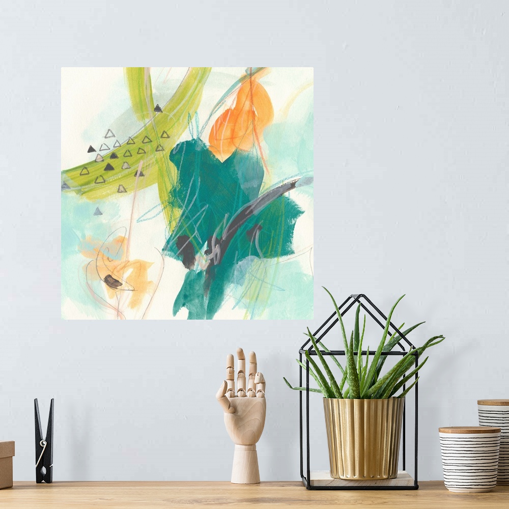 A bohemian room featuring Contemporary abstract painting using soft colors.