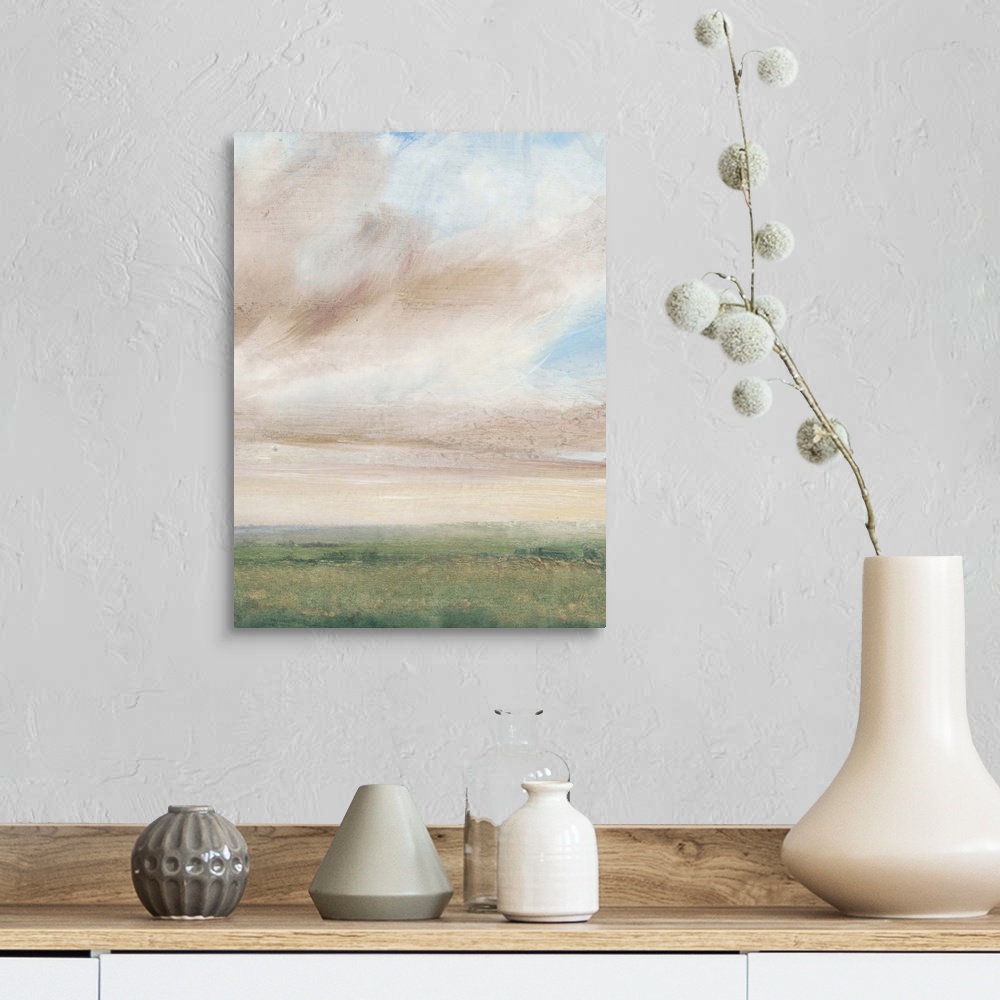 A farmhouse room featuring Contemporary countryside landscape painting.
