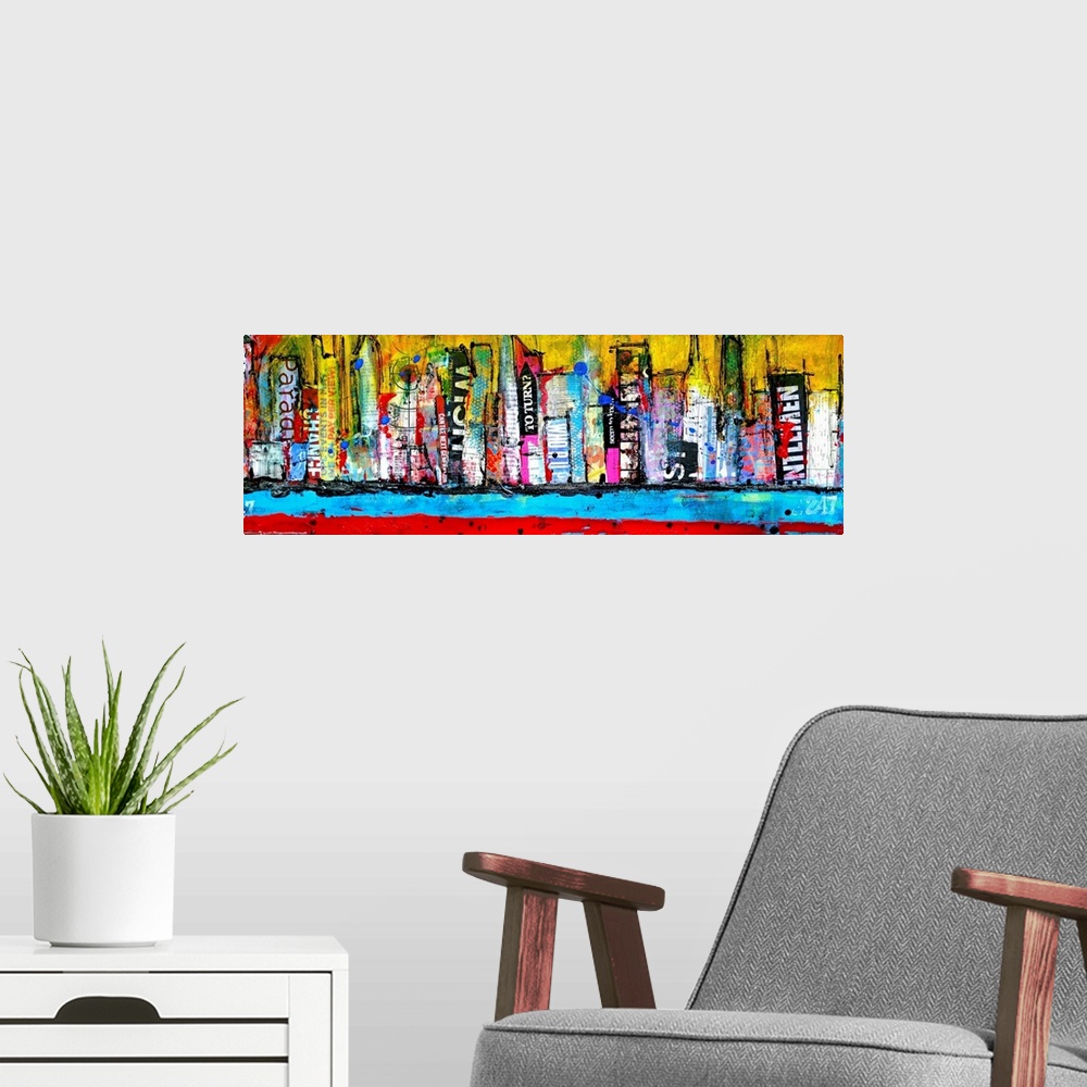 A modern room featuring A mixed media collage of paint and printed materials to make a city skyline along a water front i...