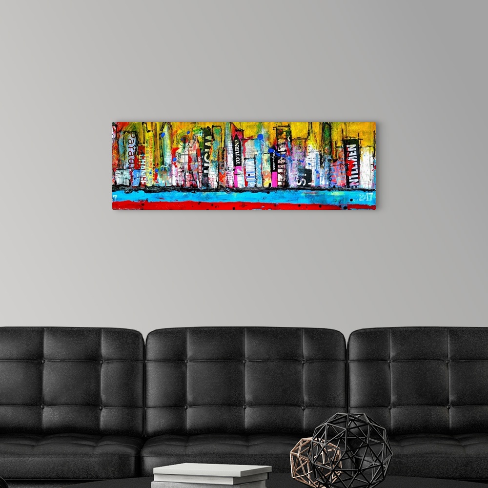 A modern room featuring A mixed media collage of paint and printed materials to make a city skyline along a water front i...