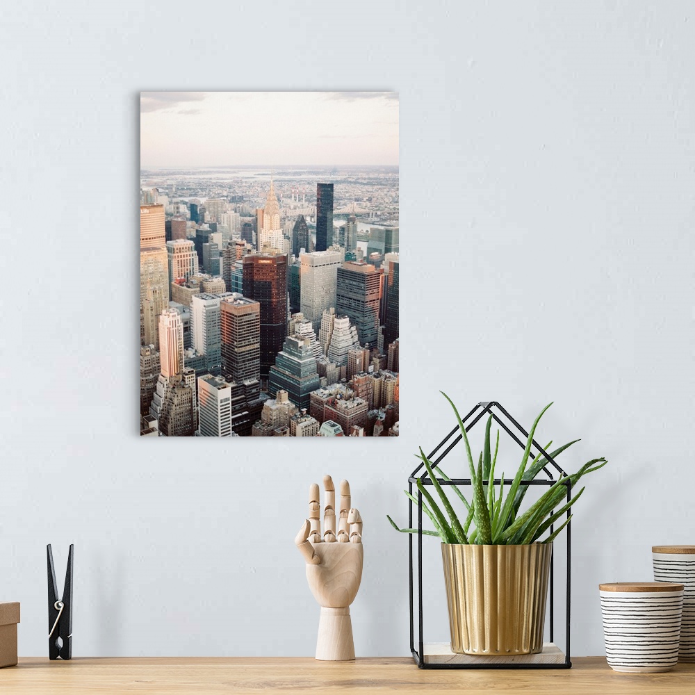 A bohemian room featuring Photograph of the Empire State Building and surrounding buildings, Manhattan, New York City.