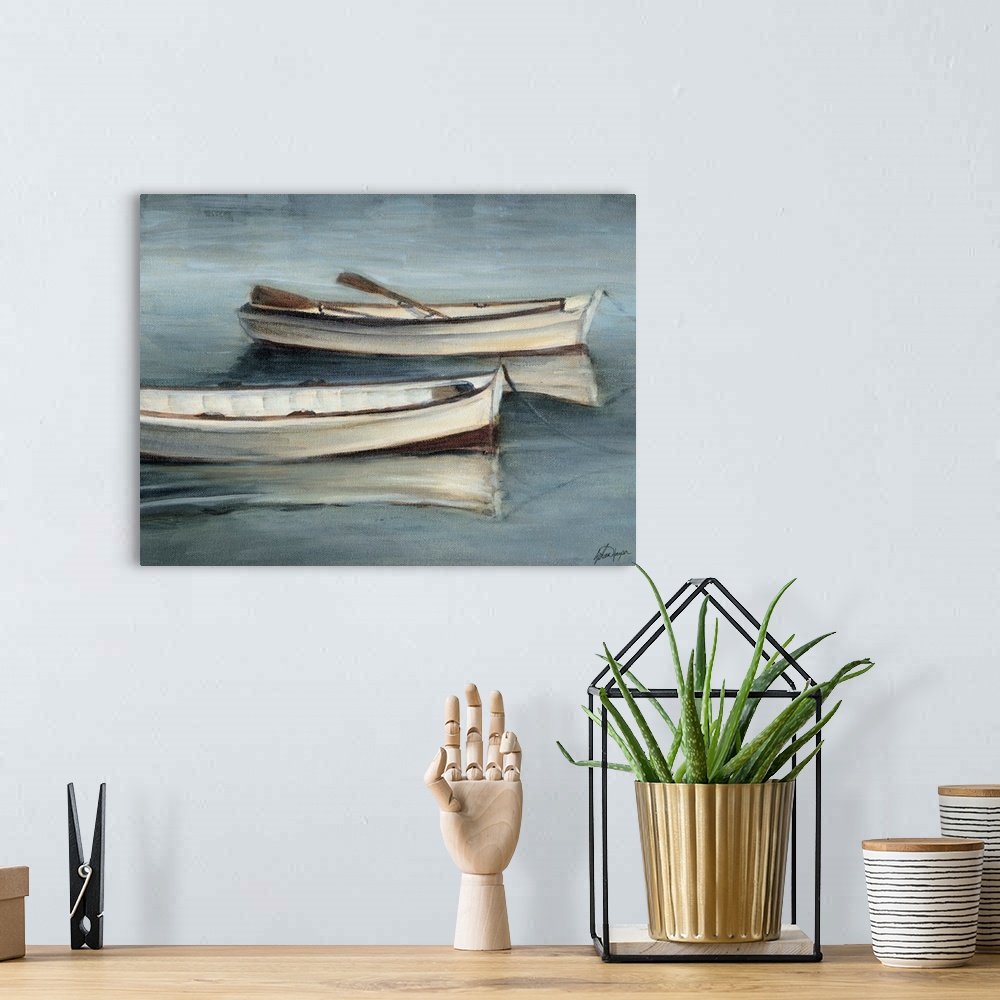 A bohemian room featuring This serene scene of two rowboats with moored in still water is painted in a transitional style. ...