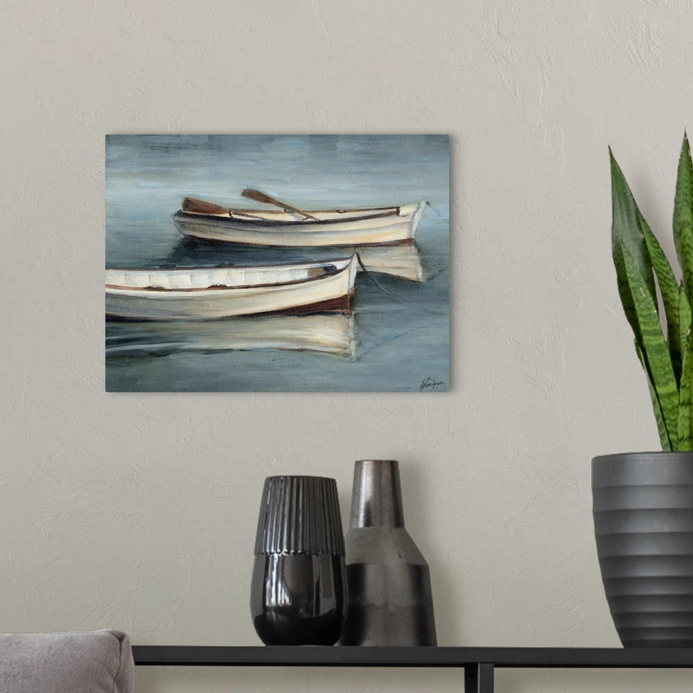 A modern room featuring This serene scene of two rowboats with moored in still water is painted in a transitional style. ...