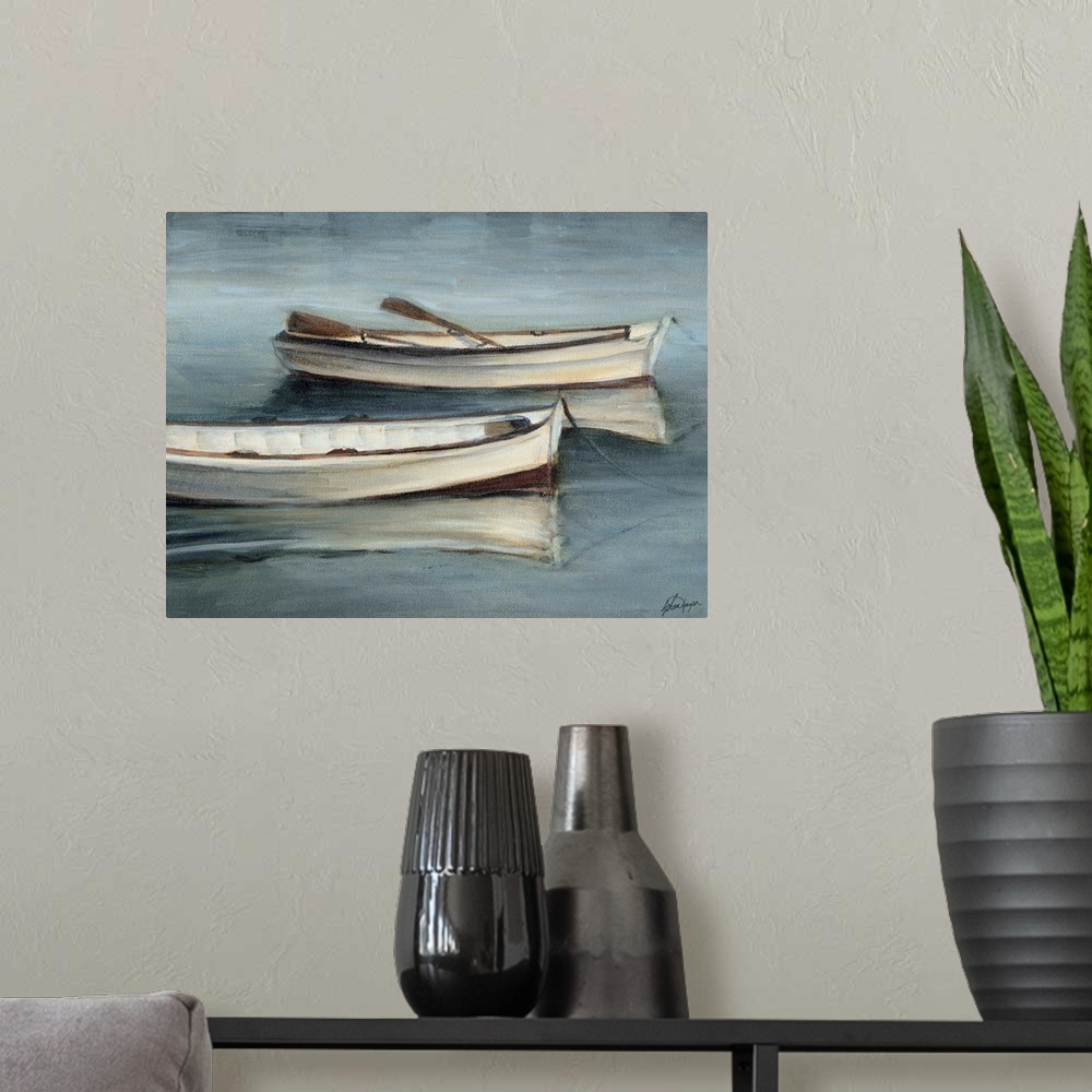A modern room featuring This serene scene of two rowboats with moored in still water is painted in a transitional style. ...