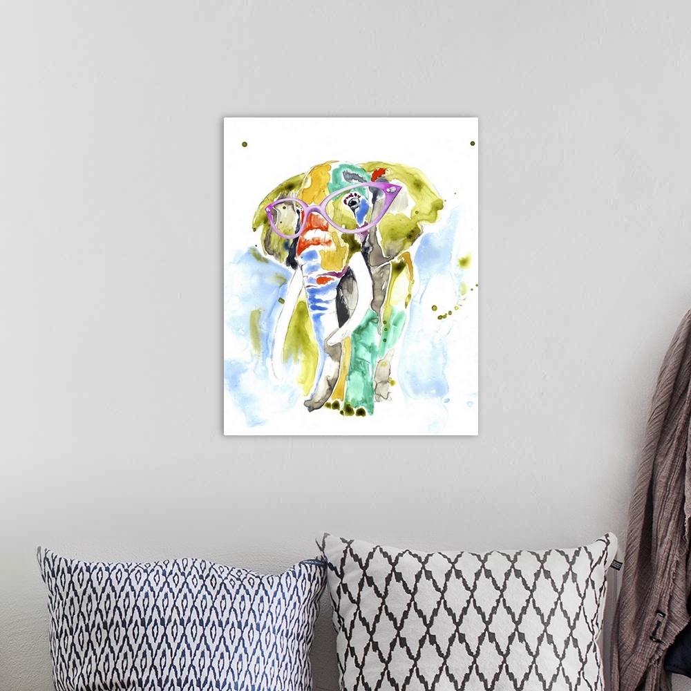 A bohemian room featuring Colorful watercolor painting of an elephant wearing purple rimmed glasses.