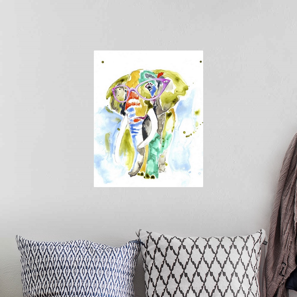 A bohemian room featuring Colorful watercolor painting of an elephant wearing purple rimmed glasses.