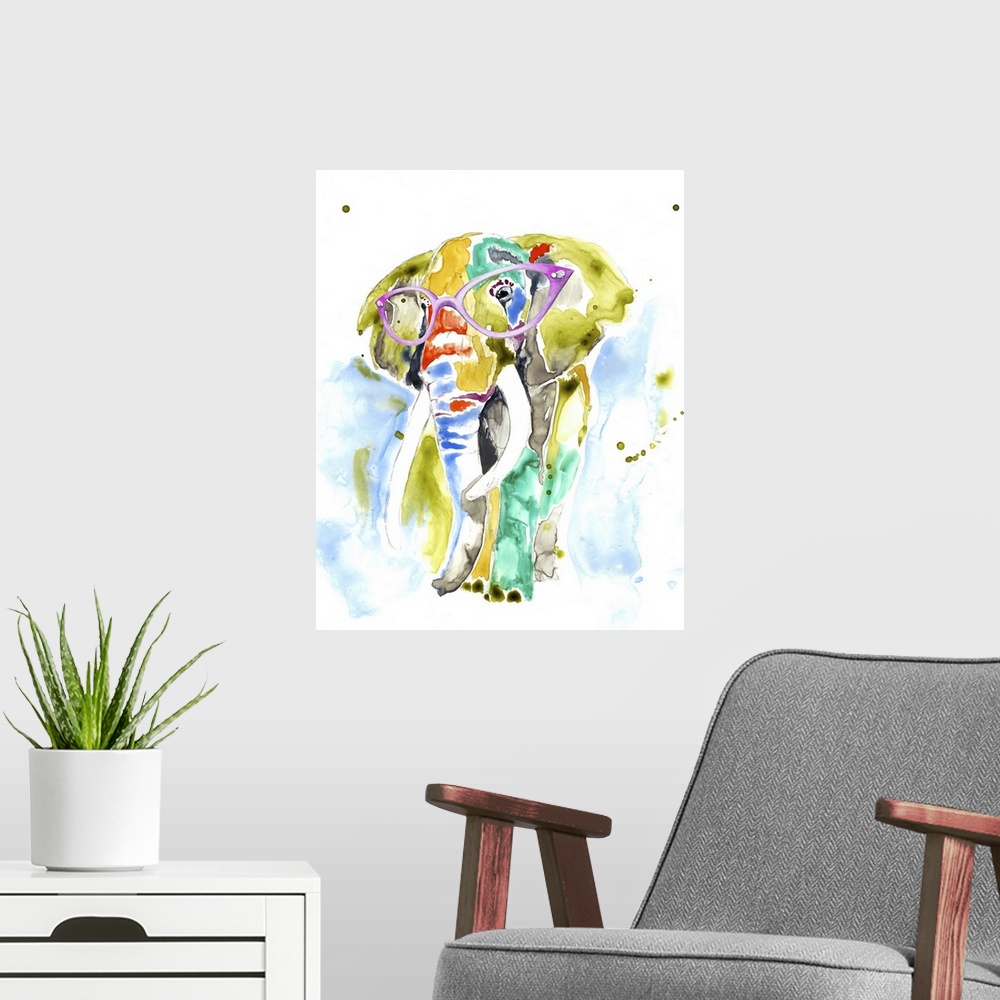 A modern room featuring Colorful watercolor painting of an elephant wearing purple rimmed glasses.