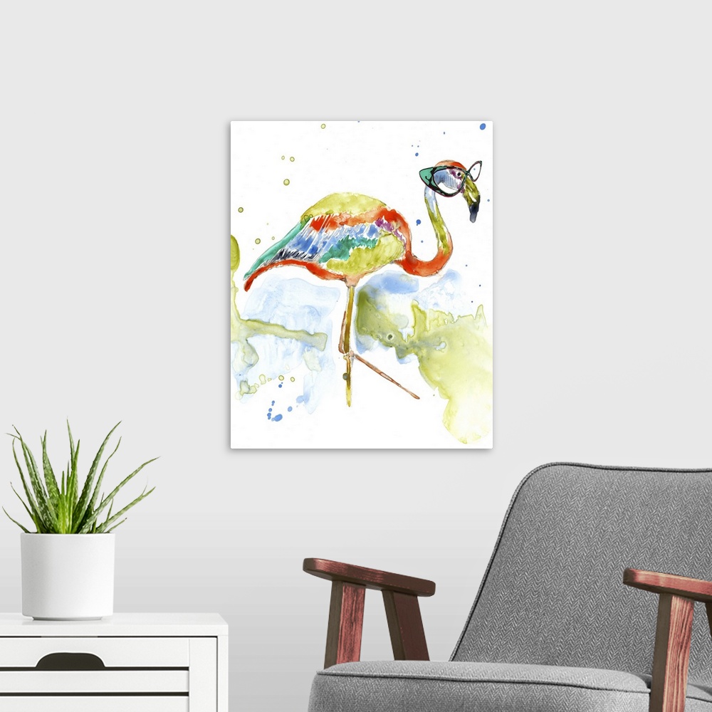 A modern room featuring Colorful watercolor painting of a flamingo wearing teal rimmed glasses.