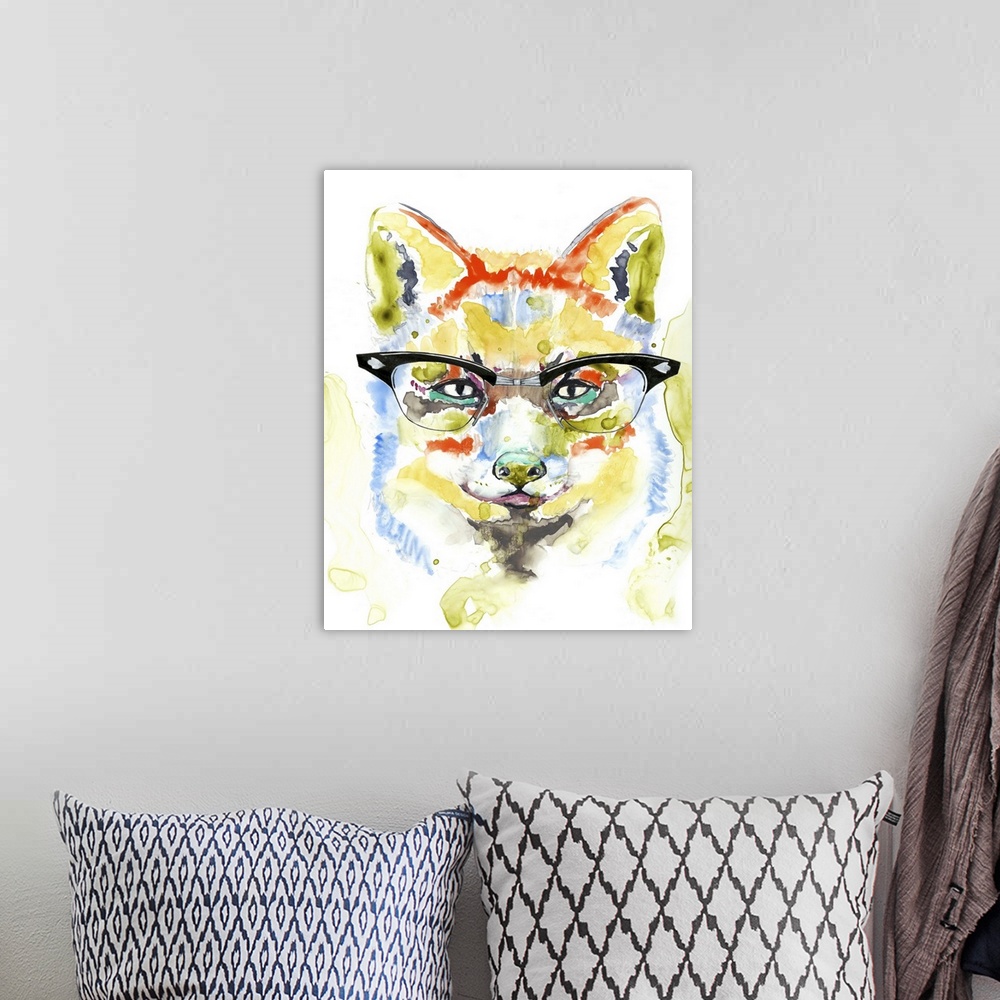 A bohemian room featuring Colorful watercolor painting of a fox wearing black rimmed glasses.