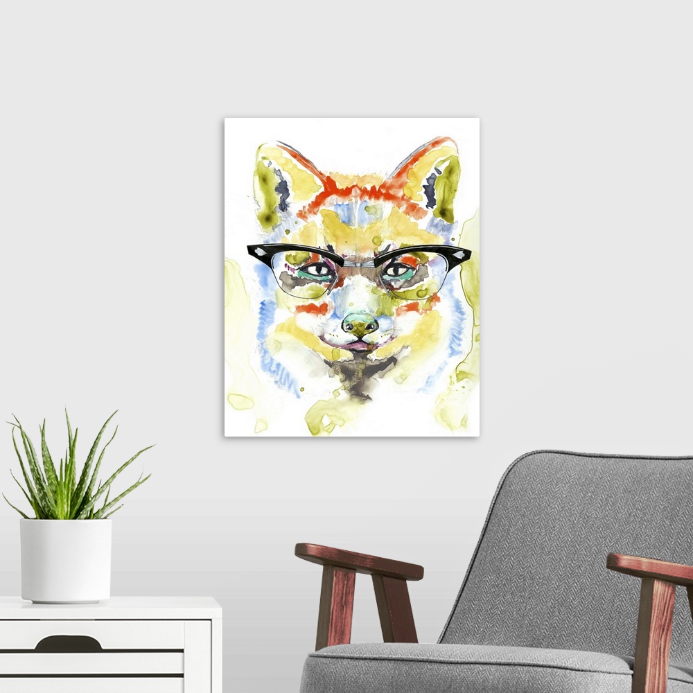 A modern room featuring Colorful watercolor painting of a fox wearing black rimmed glasses.