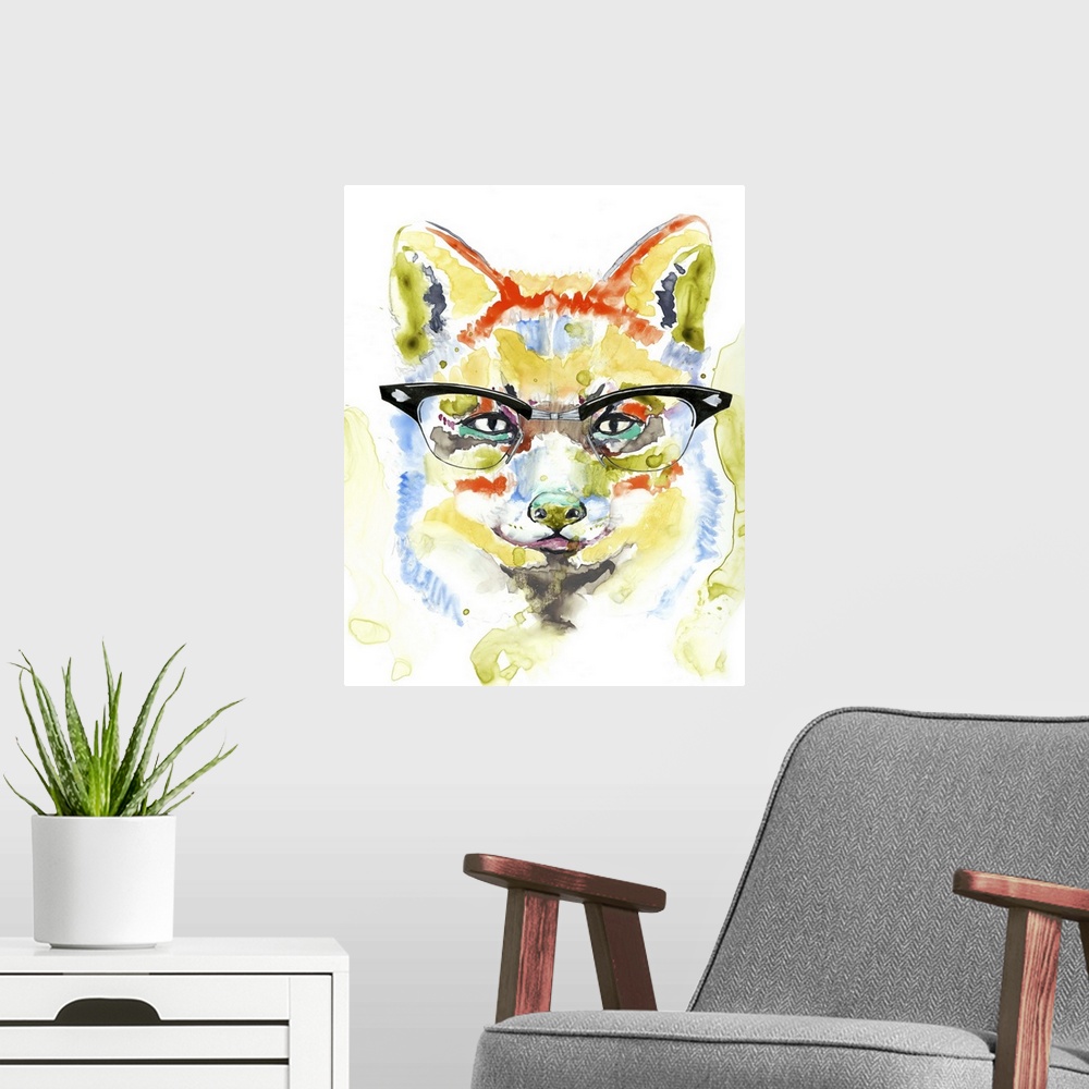 A modern room featuring Colorful watercolor painting of a fox wearing black rimmed glasses.