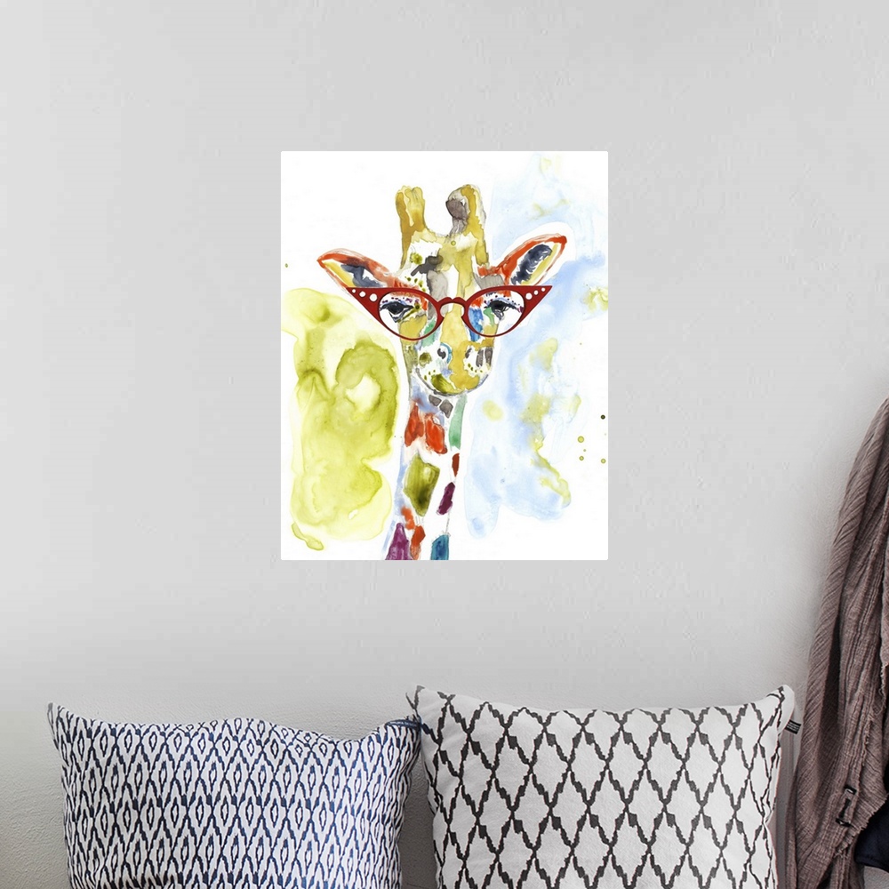 A bohemian room featuring Colorful watercolor painting of a giraffe wearing bright red rimmed glasses.
