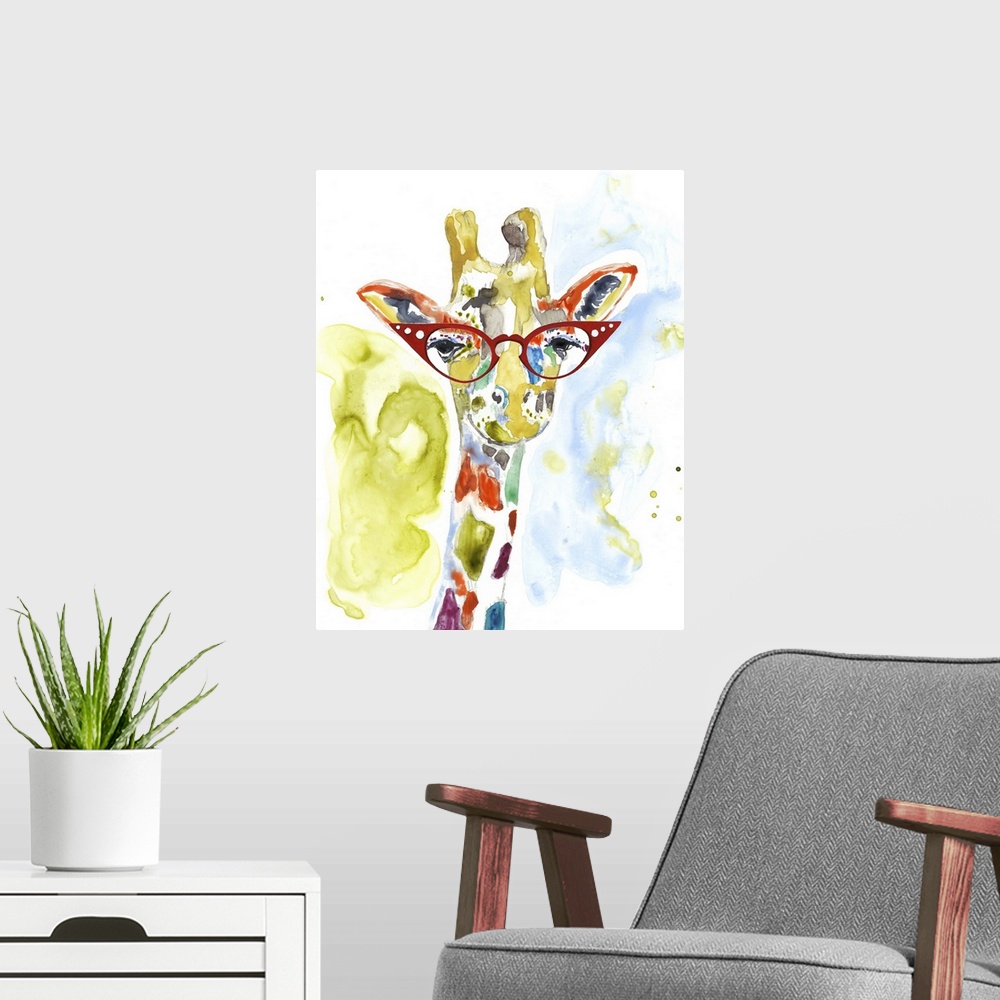 A modern room featuring Colorful watercolor painting of a giraffe wearing bright red rimmed glasses.
