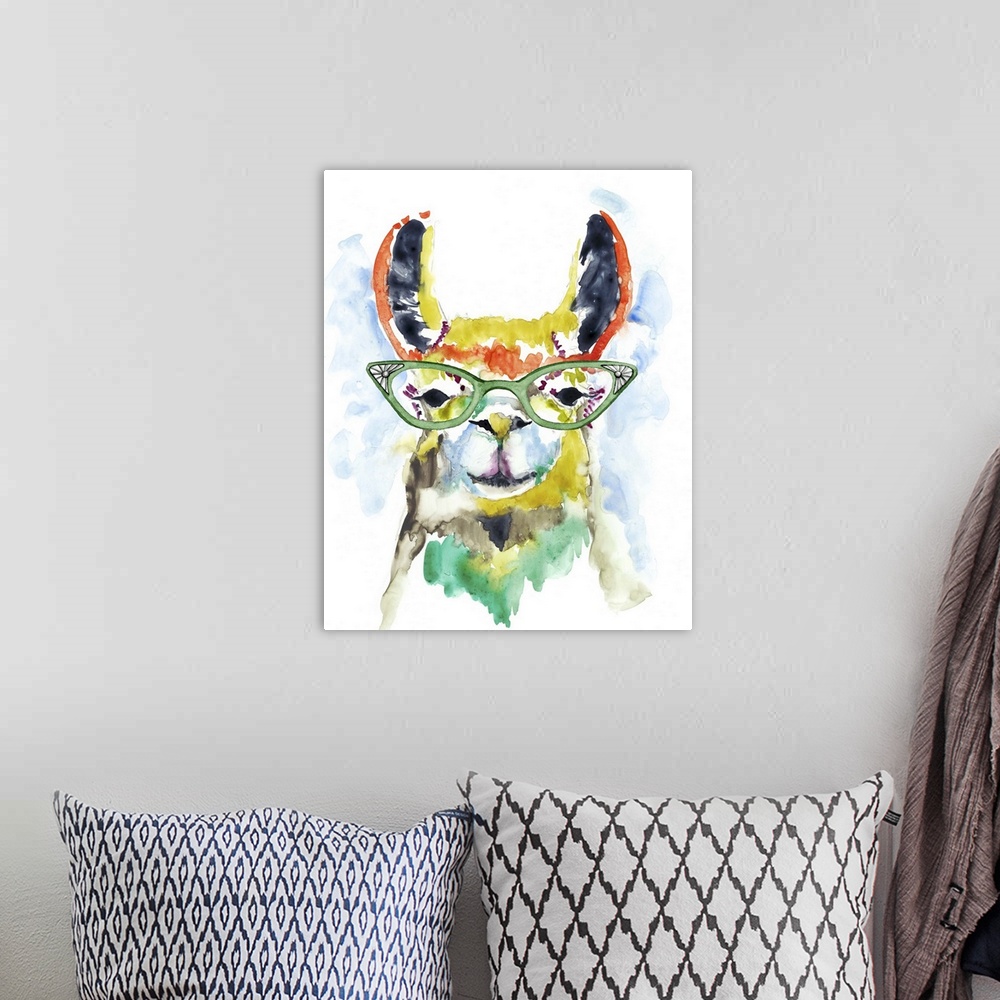 A bohemian room featuring Colorful watercolor painting of a llama wearing green rimmed glasses.