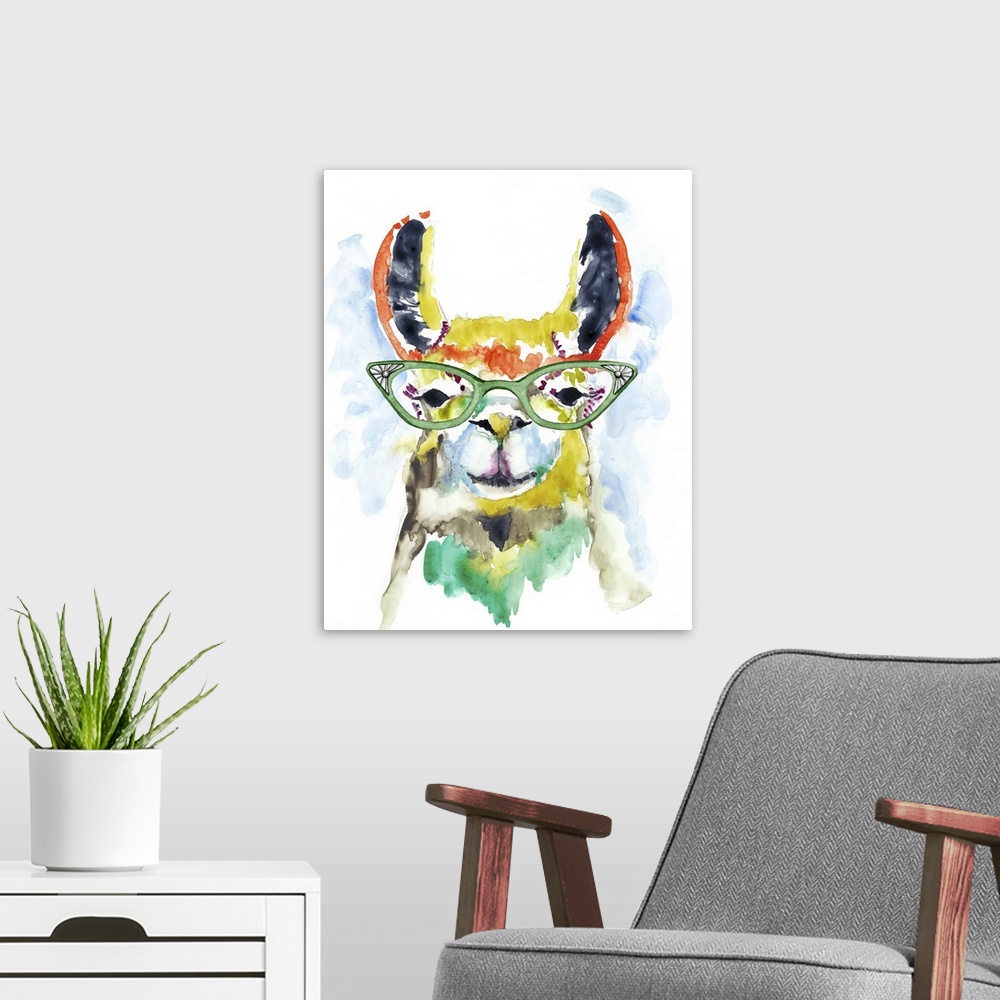 A modern room featuring Colorful watercolor painting of a llama wearing green rimmed glasses.