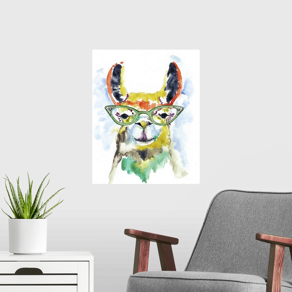 A modern room featuring Colorful watercolor painting of a llama wearing green rimmed glasses.