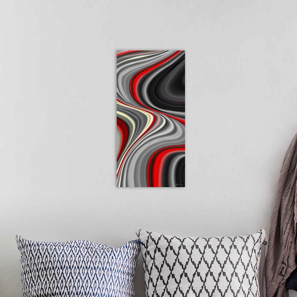 A bohemian room featuring Contemporary abstract artwork of wavy lines in neutral colors, with bright red streaks running th...