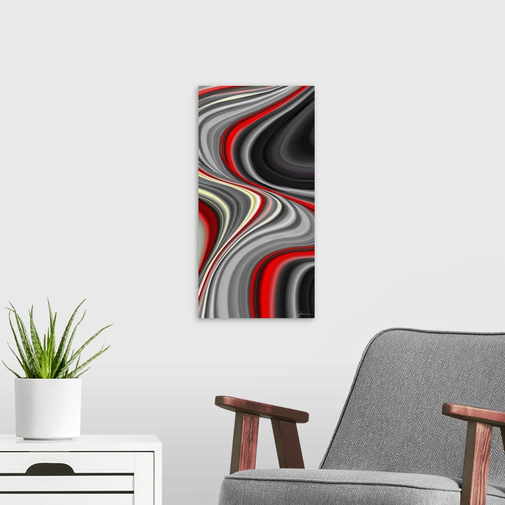 A modern room featuring Contemporary abstract artwork of wavy lines in neutral colors, with bright red streaks running th...