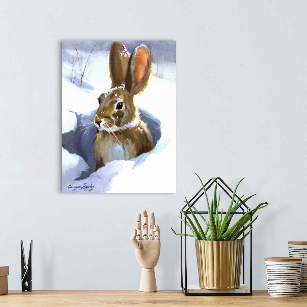 A bohemian room featuring Contemporary painting of a rabbit in a small hole in the snow.