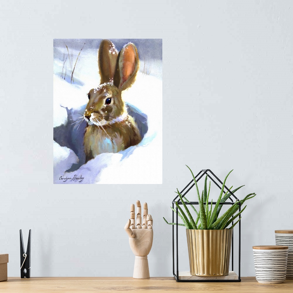 A bohemian room featuring Contemporary painting of a rabbit in a small hole in the snow.