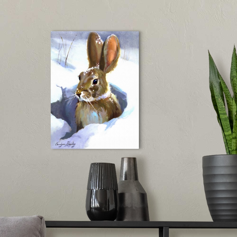 A modern room featuring Contemporary painting of a rabbit in a small hole in the snow.